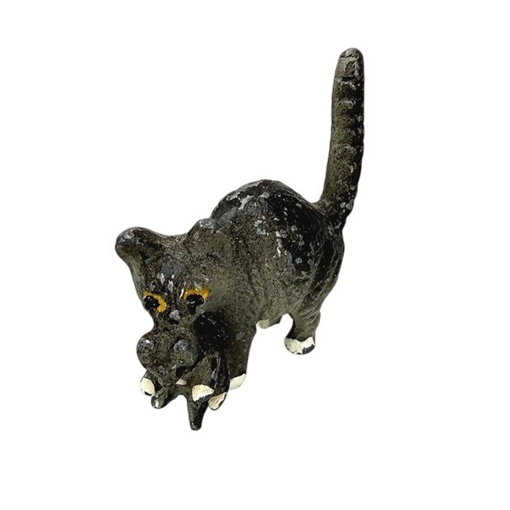 Pewter Cat Figurine Miniature Metal Mother Carrying Kitten Gray VTG Trinket